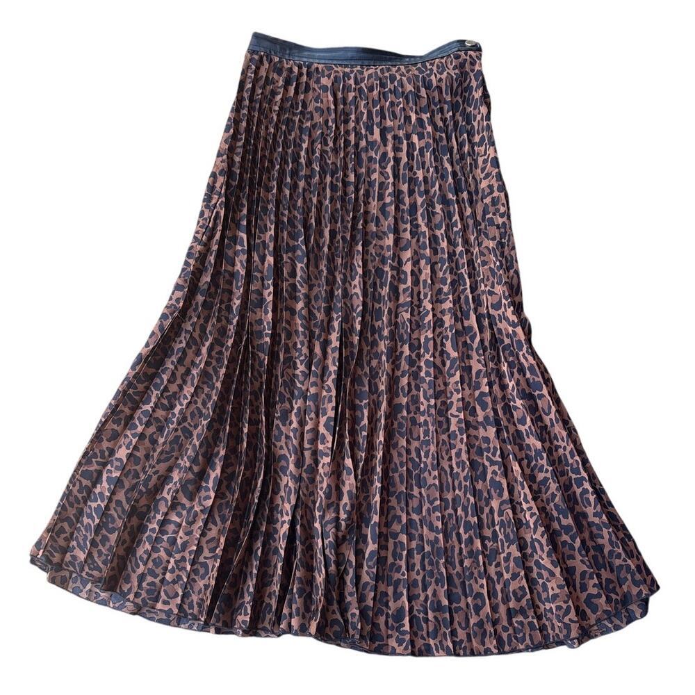 Zara Leopard Print Pleated Midi Skirt Faux Leather Waistband Size Medium